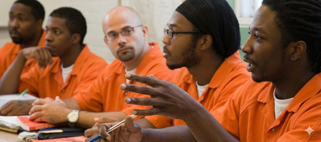 Men in classroom discussion